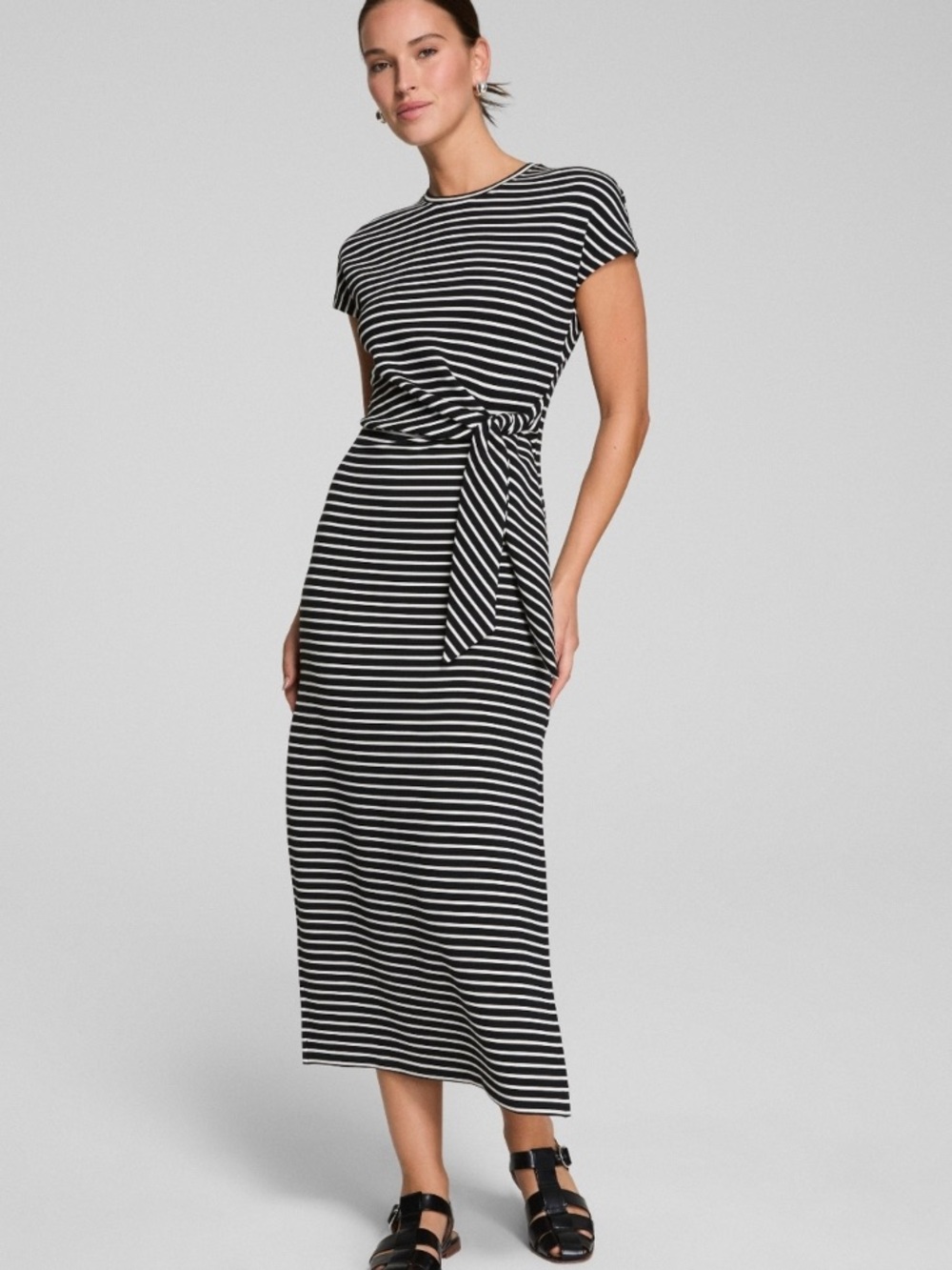 SPANX AirEssentials Black and White Striped Midi Dress with Tie Waist Medium